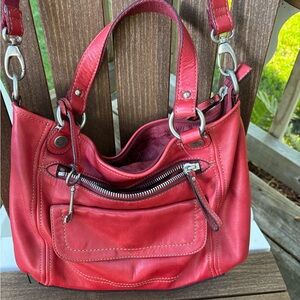 Fossil Red Leather Shoulder Bag Satchel Purse Tote with Key & Crossbody Strap